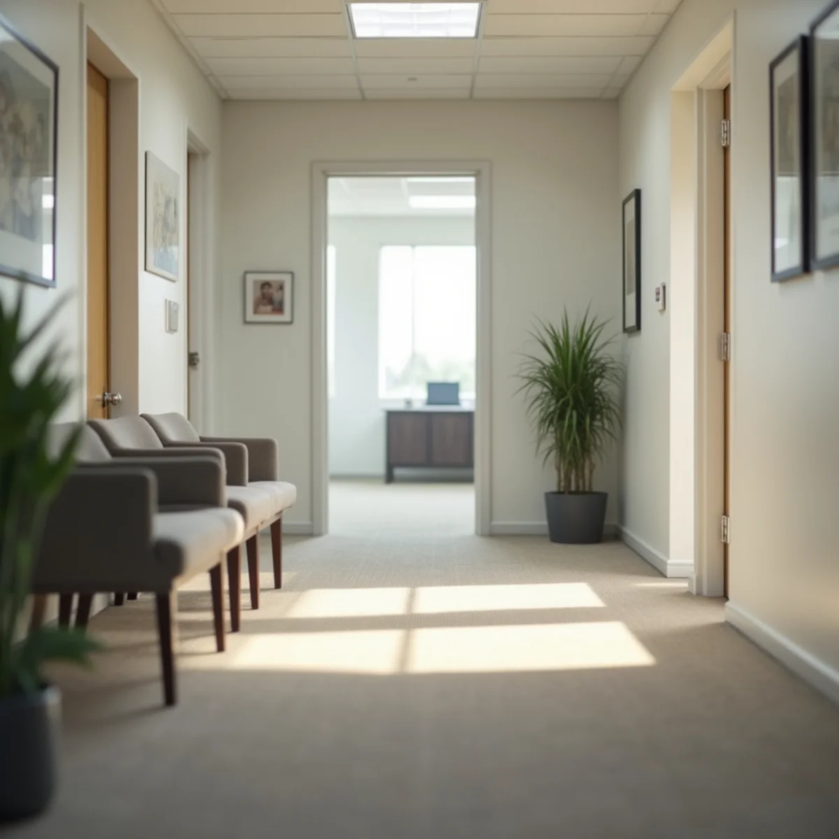 Clean professional office corridor with fresh carpet and neutral decor, commercial cleaning Stockton