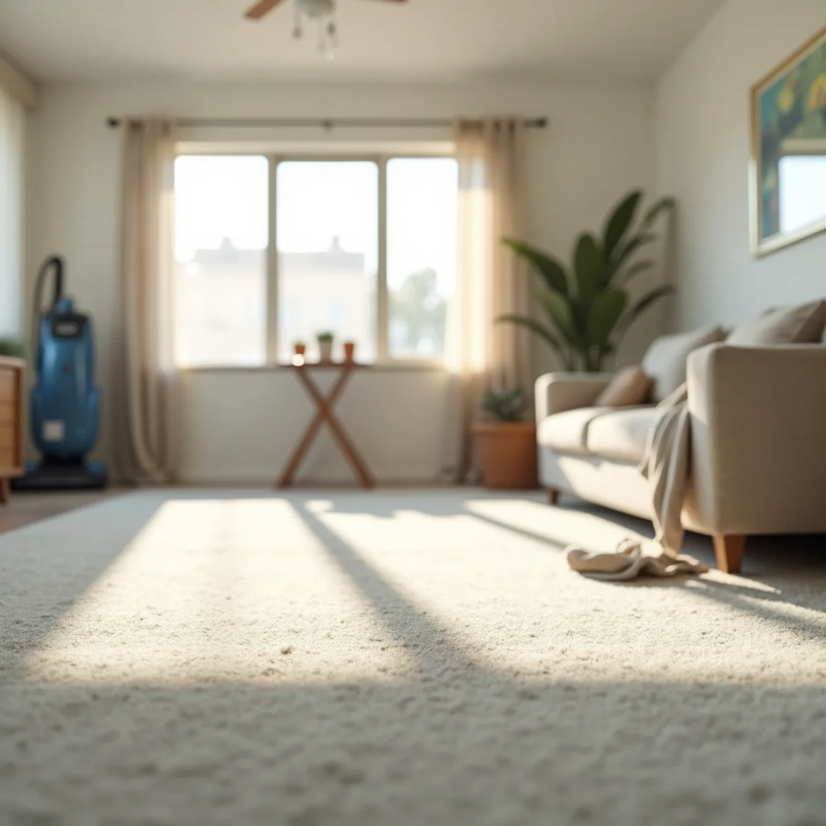 Empty rental living room with freshly cleaned carpet and equipment in corner, move-out cleaning Stockton
