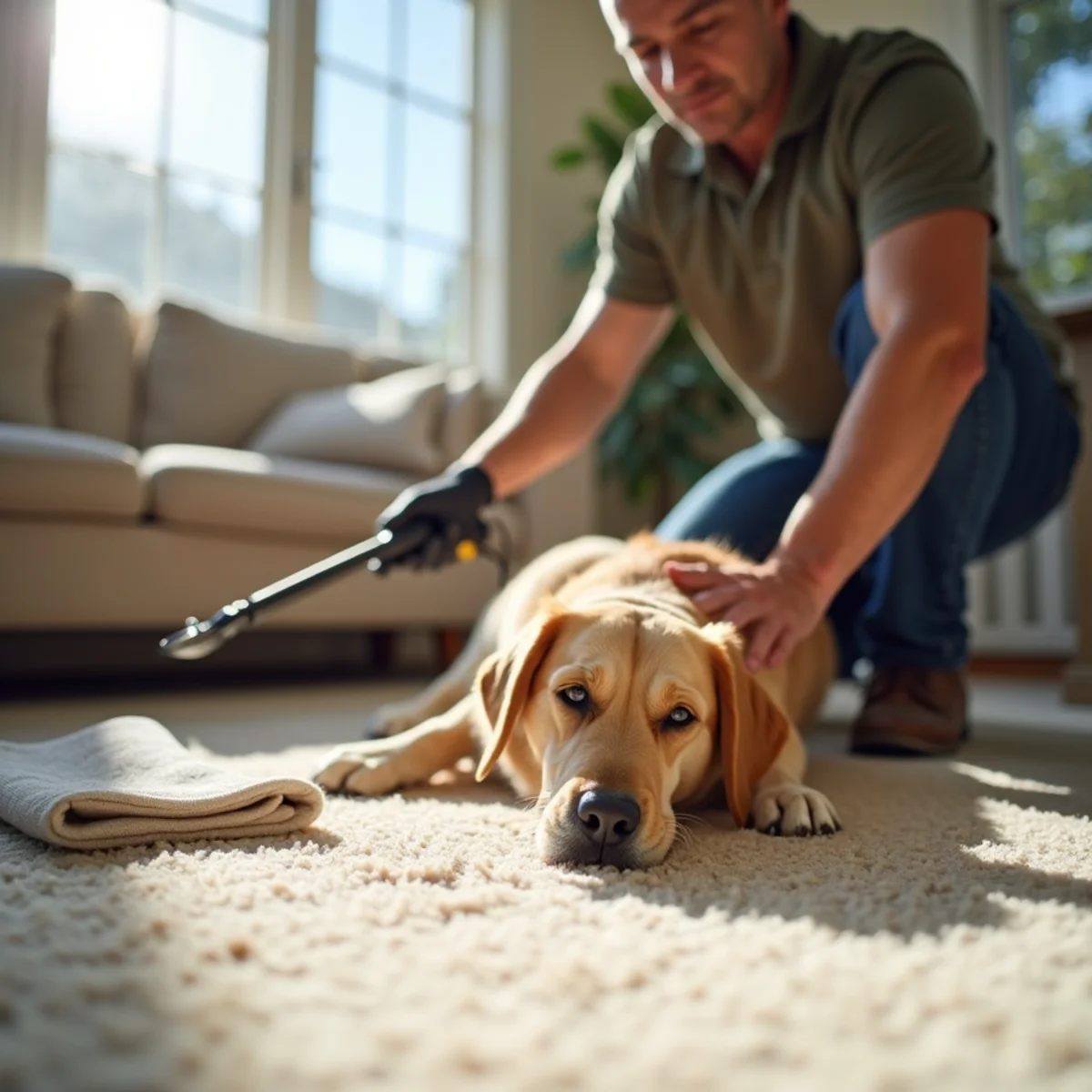Technician treating a carpet spot with a spotting tool near a relaxed dog, pet stain cleaning Stockton