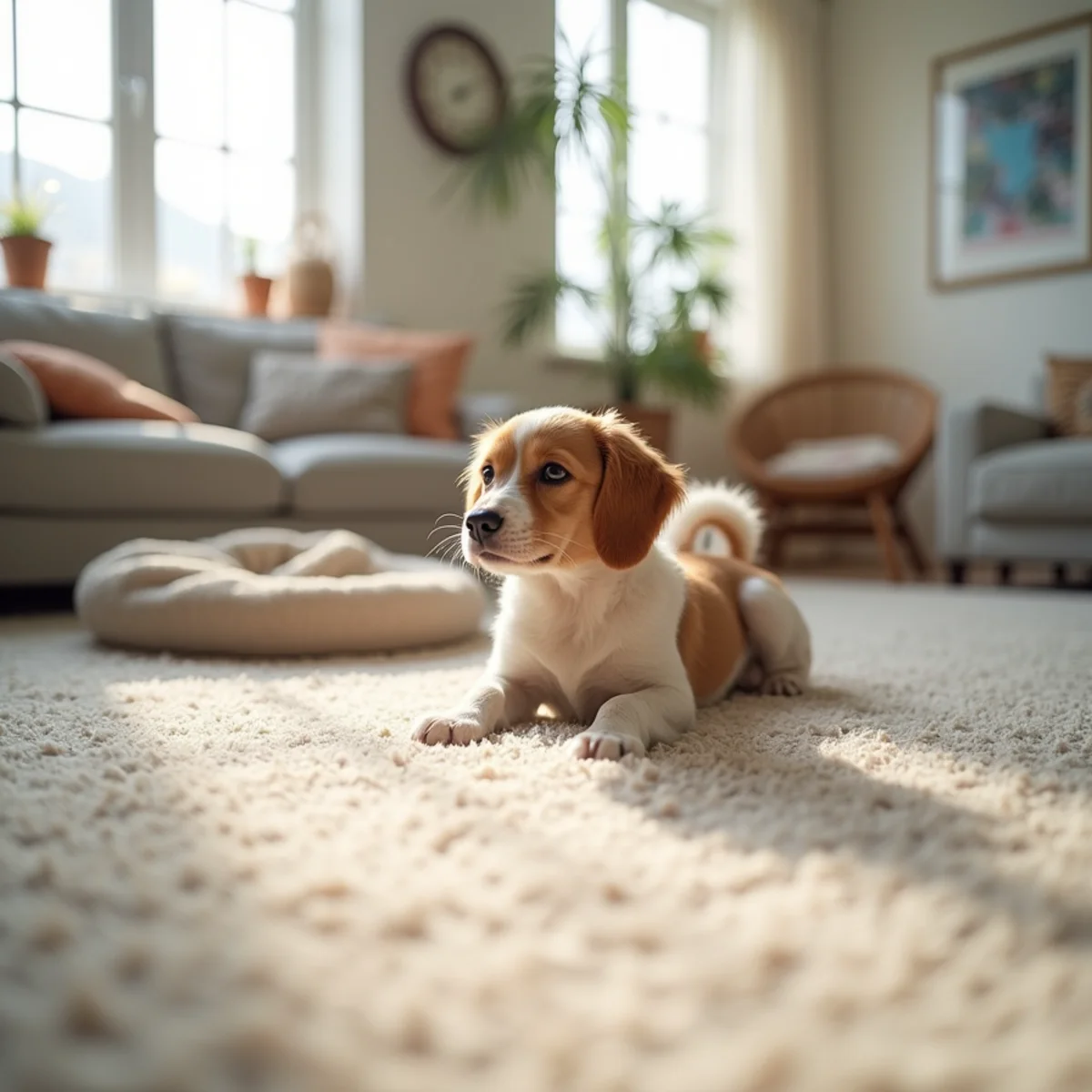 Spotless fresh carpet in a pet-friendly Stockton home with a dog bed and no visible mess