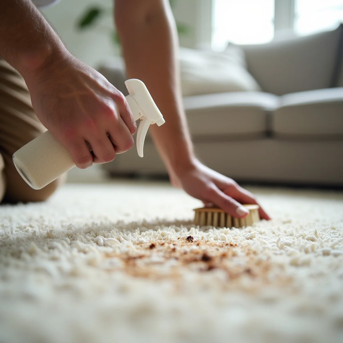 Close-up of pre-spotting a stubborn stain on light carpet with spray bottle and brush, Stockton