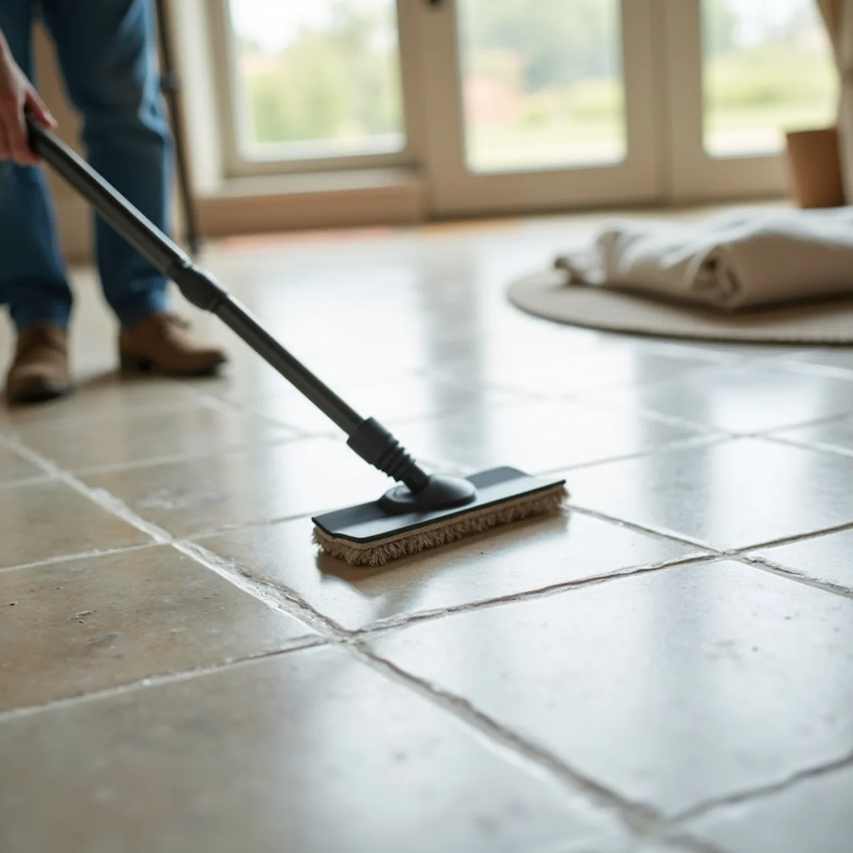 Floor tool restoring grimy grout lines with clear before and after in a Stockton kitchen