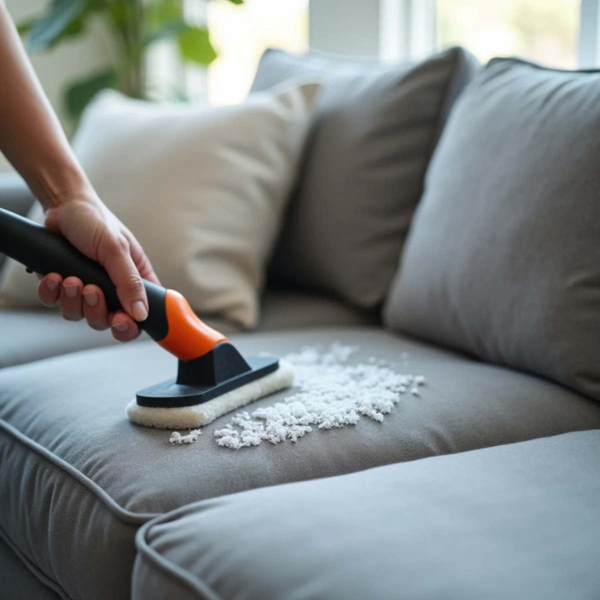 Upholstery tool cleaning a fabric sofa cushion, one cushion fresher, in a Stockton home
